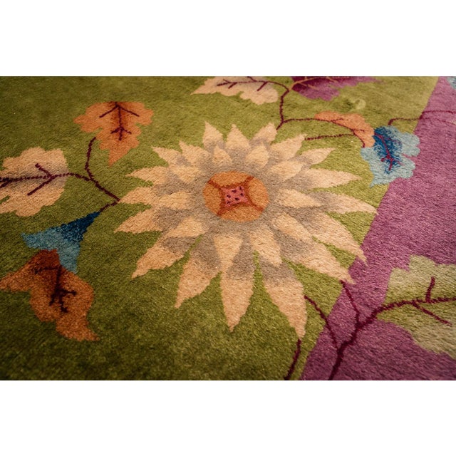 1920s Green Field Floral & Purple Border Knotted Wool Antique Chinese Art Deco Rug For Sale In New York - Image 6 of 9