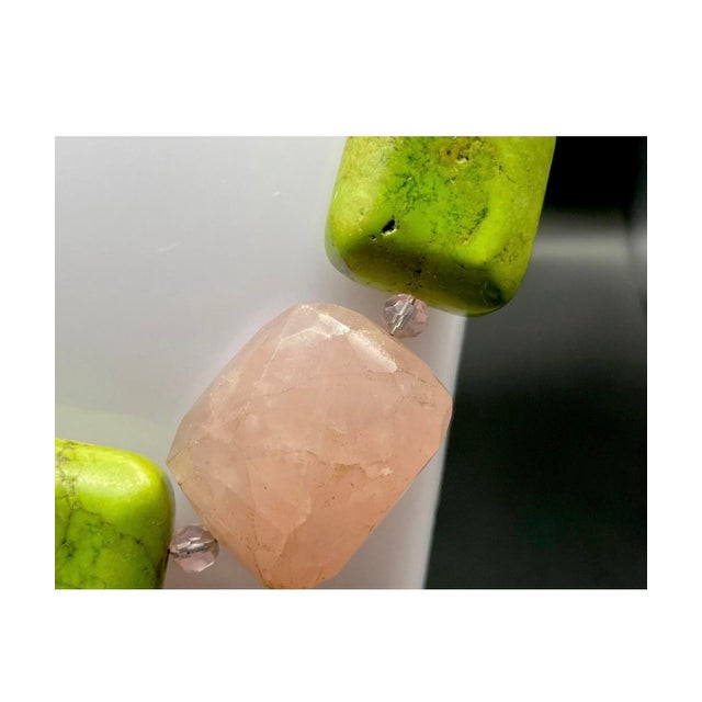 Gemstone Necklace Rose Quartz and Green Turquoise Beads For Sale - Image 4 of 4