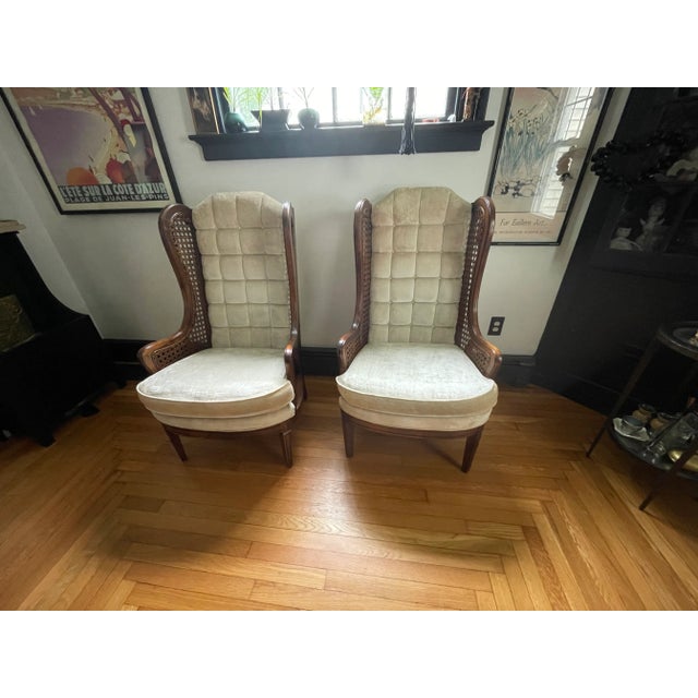 Contemporary Caned Wingback Velvet Chairs Pair by LeWittes For Sale - Image 3 of 16