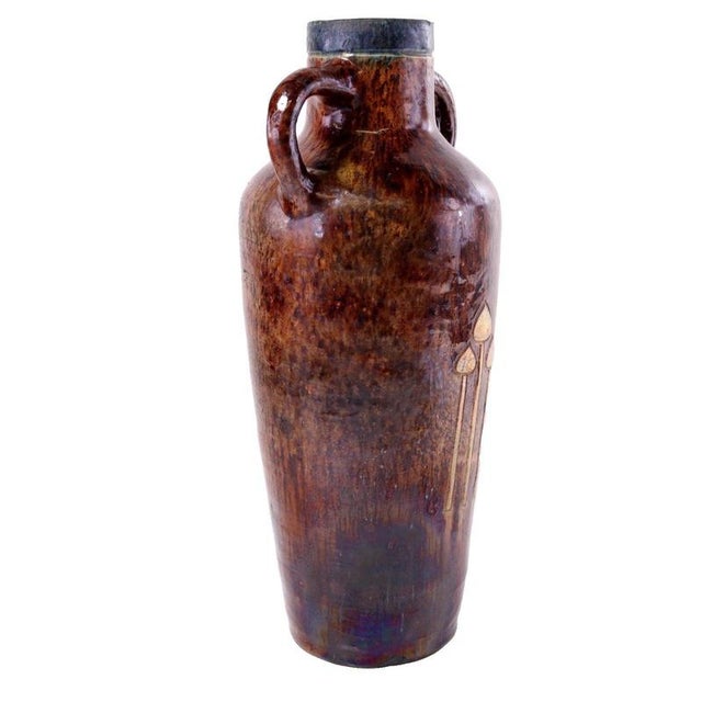Antique Belgian Majolica Art Pottery Twin-Handled Vase with Toadstool Motif For Sale - Image 4 of 14