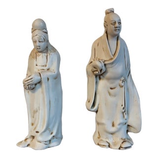 Antique 19th Century Chinese Bisque Porcelain Figures of a Man and Woman - a Pair For Sale