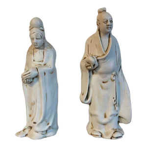 Antique 19th Century Chinese Bisque Porcelain Figures of a Man and Woman - a Pair