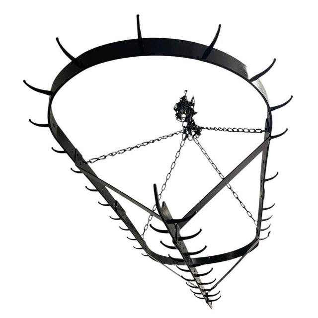 2000 - 2009 French Country Wrought Iron Oval Hanging Pot Rack For Sale - Image 5 of 12