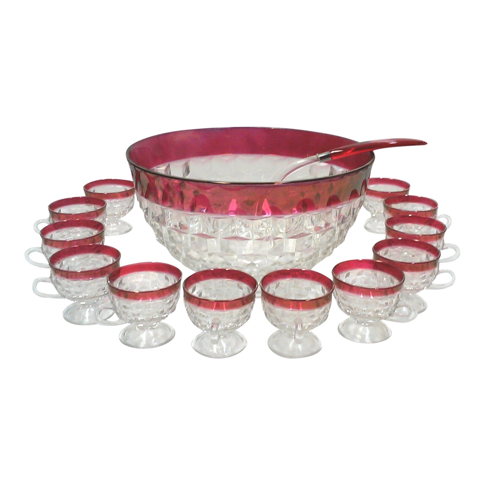 Faceted Cranberry Punch Bowl, Cups & Ladle 14 Pieces Chairish