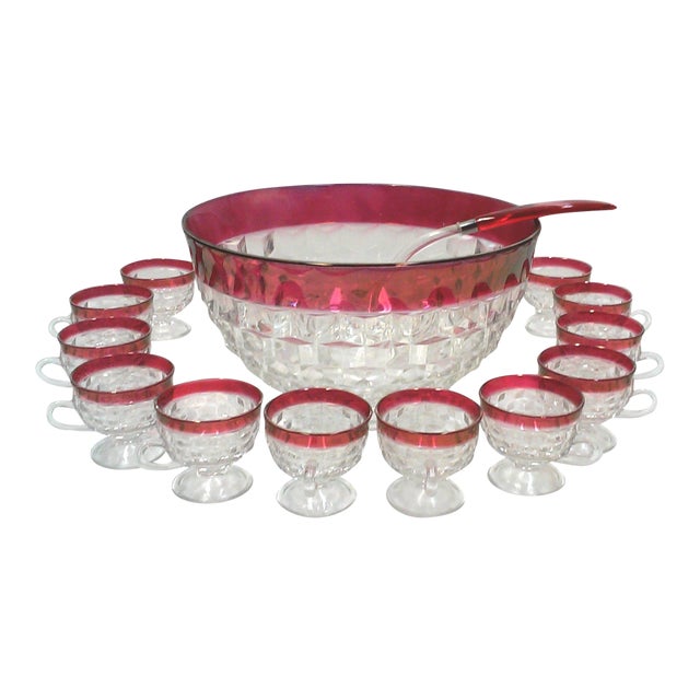 Faceted Cranberry Punch Bowl, Cups & Ladle - 14 Pieces For Sale