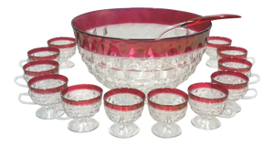 Faceted Cranberry Punch Bowl, Cups & Ladle - 14 Pieces