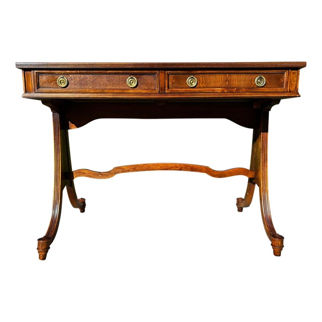 Vintage Mounted Walnut Writing Desk Attributed to Baker Furniture - Original Brass Accents For Sale