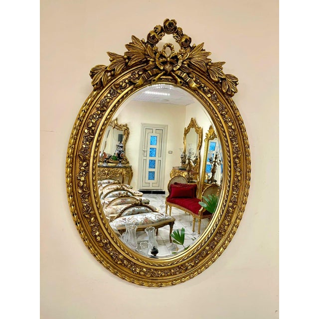 Rococo Italian Rococo Oval Wall Mirror With Floral Gold Leaf Frame For Sale - Image 3 of 3