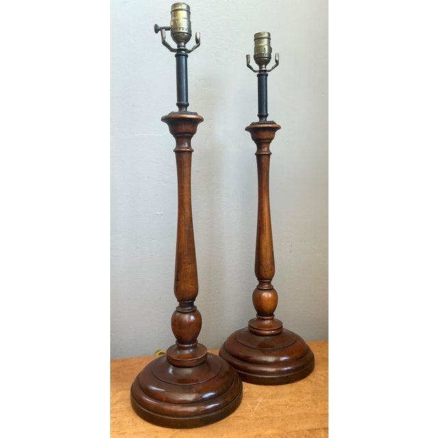 English Vintage Theodore Alexander Turned Wood Candlestick Table Lamps - A Pair For Sale - Image 3 of 16