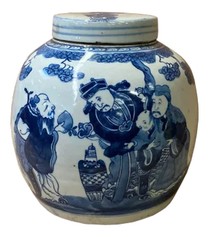 Chinese Blue & White Fok Lok Shou 3 Stars Porcelain Ginger Jar