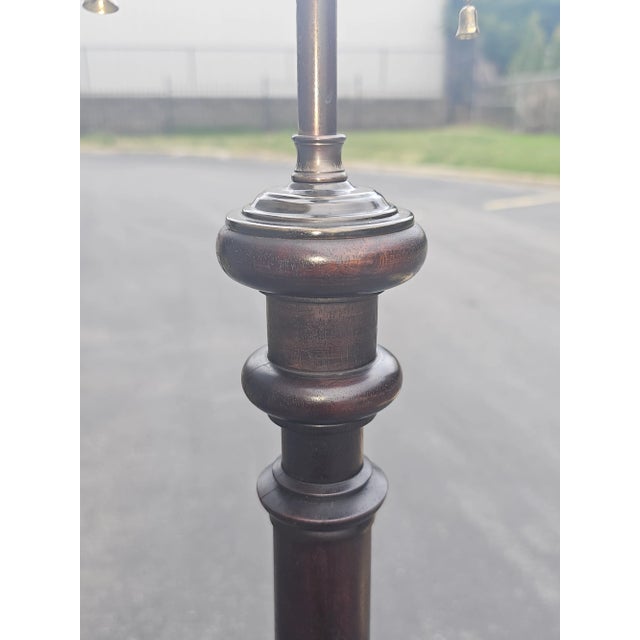 Brown Mid-20th Century Mahogany and Brass Inset Dual Lights Floor Lamp For Sale - Image 8 of 11