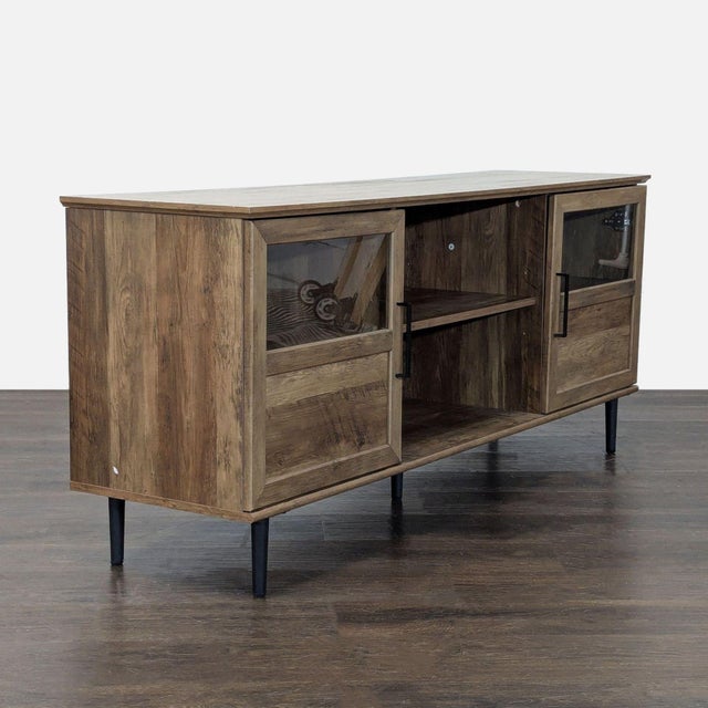 Glass and wood split panel door TV console in rustic oak with adjustable shelves and modifiable rubber feet. Brand: Walker...