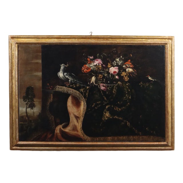 Neapolitan School Artist, Still Life with Flowers and Birds, 17th Century, Oil on Canvas For Sale