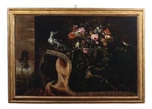 Neapolitan School Artist, Still Life with Flowers and Birds, 17th Century, Oil on Canvas