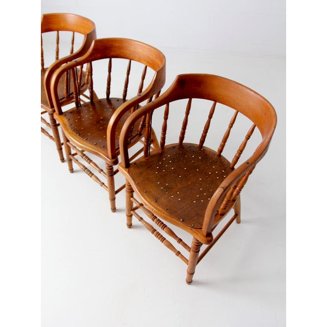 Early 20th Century Antique Wood Captain's Chairs Set 3 For Sale - Image 5 of 15