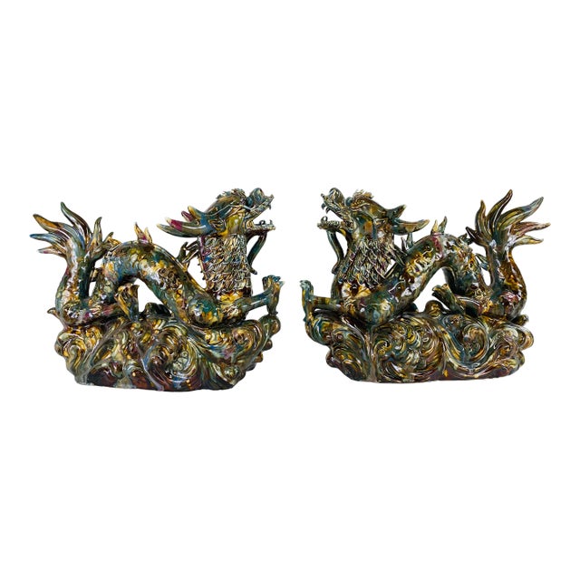 Mid-Century Vintage Magnificent Pair of Majolica Pottery Dragons For Sale