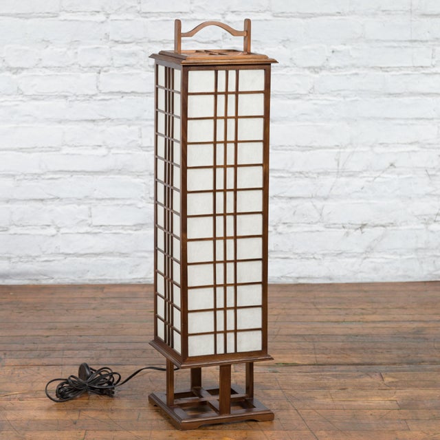 Wood Vintage Tall Japanese Square Rice Paper Panel Table Lamp For Sale - Image 7 of 12