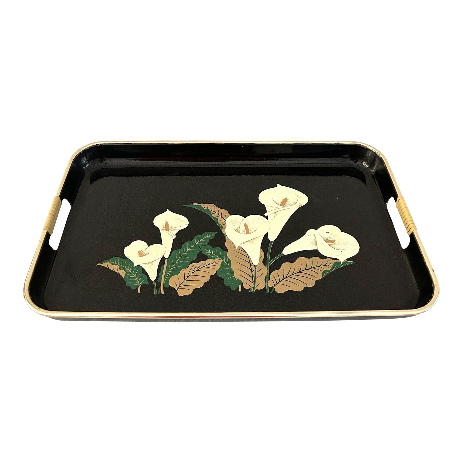 1970s Japanese Black Lacquerware Peace Lily Tray | Chairish