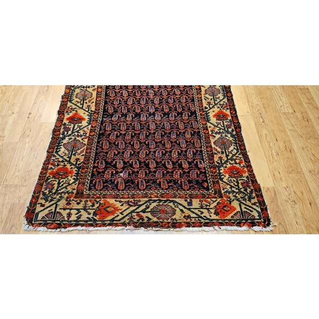 19th Century Persian Kurdish Gallery Rug, Hand-Knotted Wool, All-Over Paisley & Poppy Pattern, Navy & Ivory, 5x10 For Sale - Image 14 of 18