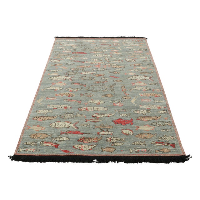 Illustration Rug & Kilim’s Pictorial Art Rug in Blue With Polychromatic Fish Illustrations For Sale - Image 3 of 3