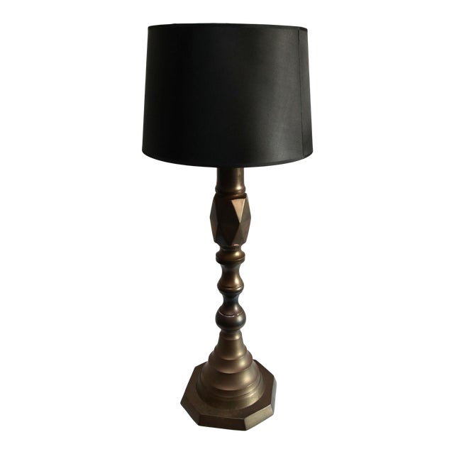 Baroque Style Tall Mid Century Modern Brass Candlestick Form Table Lamp and Shade For Sale