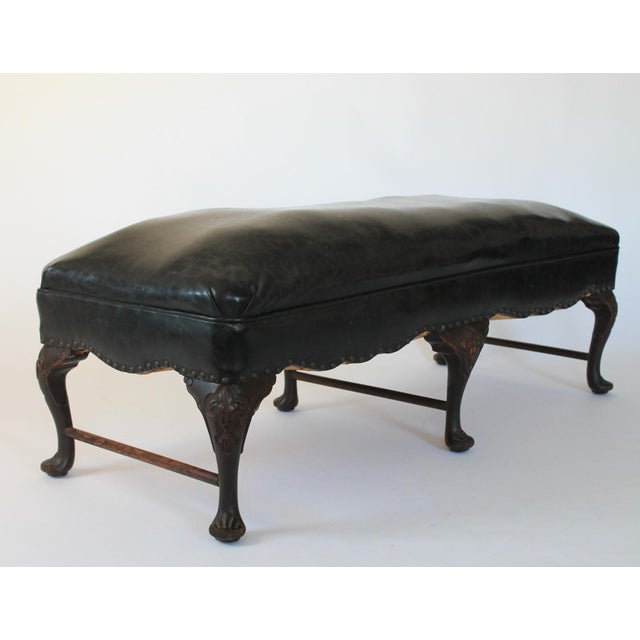 Early 20th Century Antique English Georgian Style Hand-Carved Low Bench With Black Leather Upholstery For Sale - Image 5 of 17