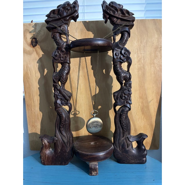 Brown Antique Carved Wood Scabbard Footed Sword Holder With Dragon Beasts, Antique Carved Dragons Wood Pocket Watch Holder For Sale - Image 8 of 12