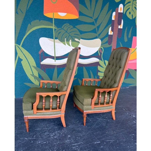 Broyhill Mid Century Broyhill Green Tufted Highback Chair Pair For Sale - Image 4 of 10
