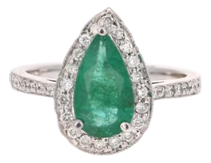 2.07 Carat Pear Cut Emerald Diamond Halo 14 Karat Gold Ring, Size 7