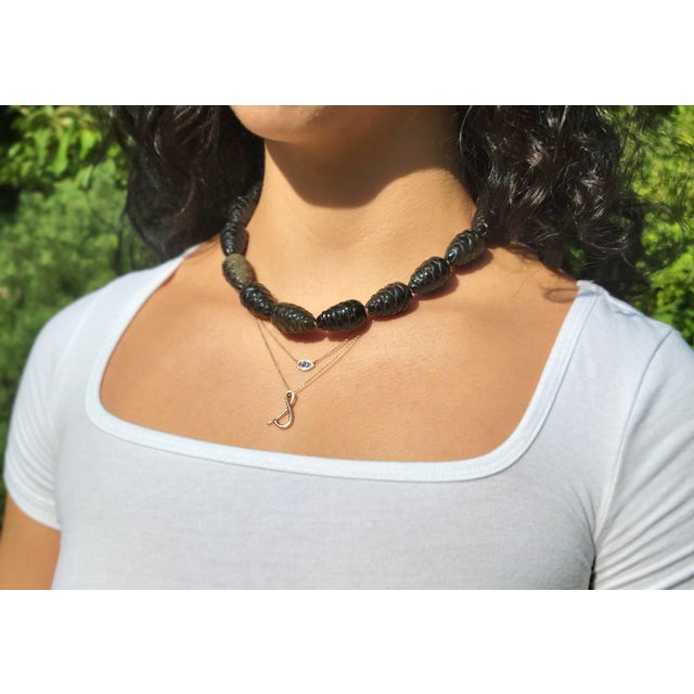 Early 21st Century Natural Carved Golden Obsidian Beaded Necklace With Golden Obsidian Clasp, 17.5" For Sale - Image 5 of 10