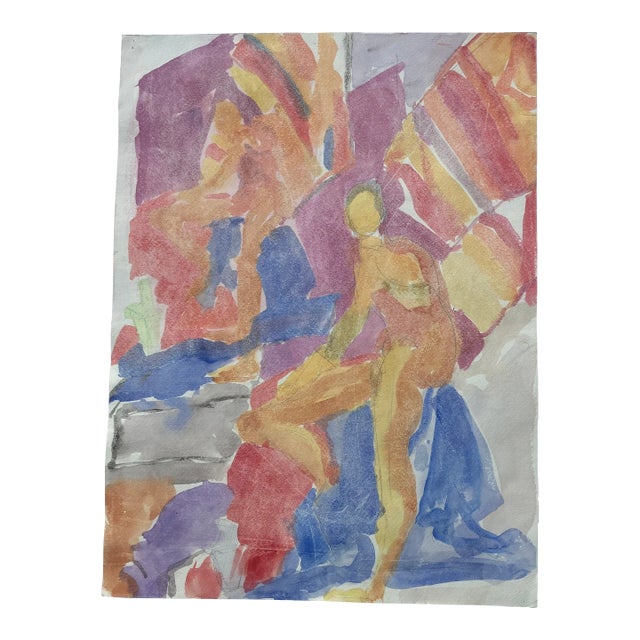 1980’s Vintage Original Abstract Expressionist Double Figure With Sales Watercolor Painting Double Sided For Sale