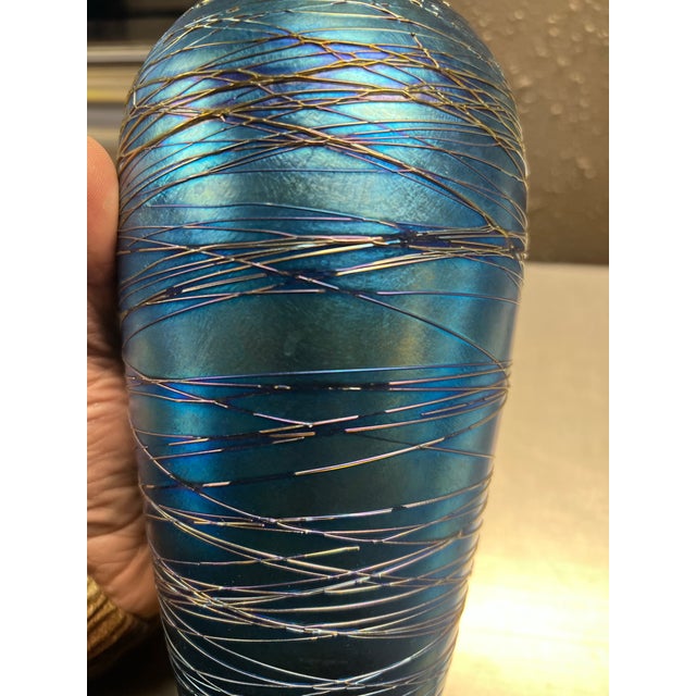 Blue Durand Blue Iridescent Threaded Art Glass Vase Signed Aurene C1920s For Sale - Image 8 of 8