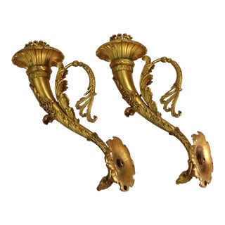 Pair Antique Napoleonic French Empire Gilt Bronze Conucopia Form Sconces 19thC For Sale