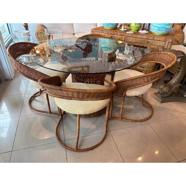 Brown Vintage 5 Pc. Rattan Wicker Dining or Game Table & Barrel Chairs Set For Sale - Image 8 of 12