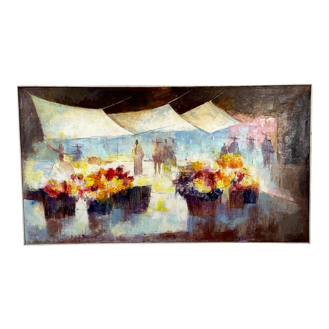 Mid Century Modern Juan R. Noguez Expressionist Oil on Canvas Flower Market Scene With Figures For Sale