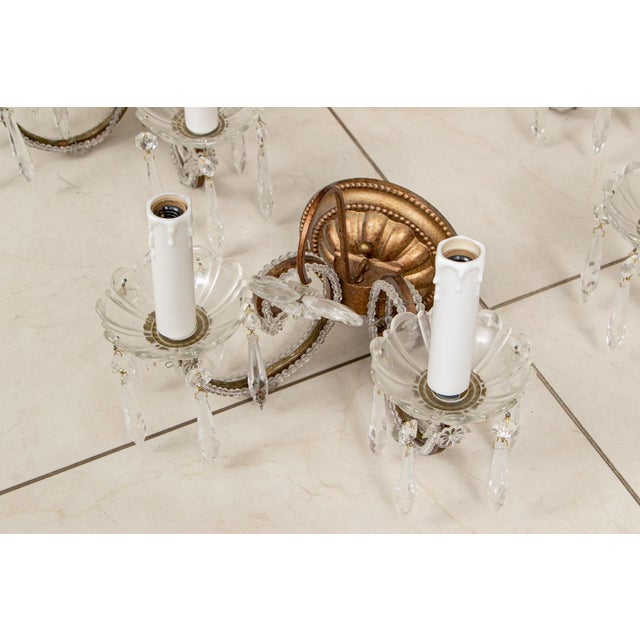 French Vintage Crystal and Bronze Finished Niermann Weeks Style Two-Arm Wall Sconces—Set of Four For Sale - Image 3 of 7