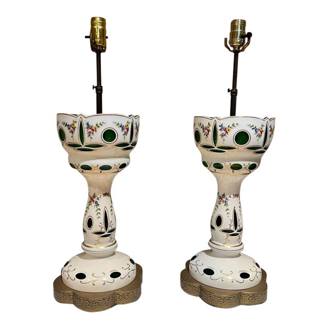 1950s Hand Painted Table Lamps Bohemian Czech Glass For Sale