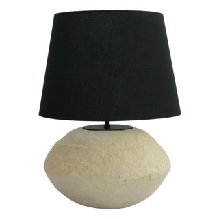 Custom Sculptural Paper Mâché Table Lamp – Organic Round Bottom Modern Design With Black Linen Shade For Sale