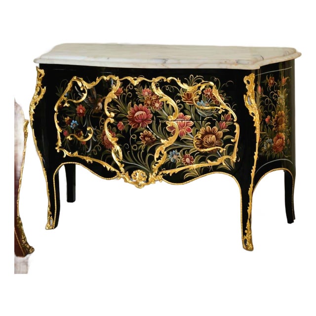 French Louis XV Floral Bombe Chest – Ornate Marble Top Dresser With Gilded Gold Leaf Details For Sale