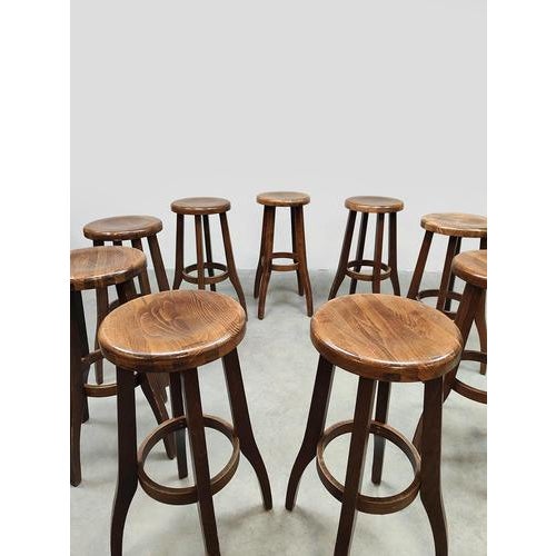 1970s Vintage Brutalist Wooden Barstools, 1970s, Set of 12 For Sale - Image 5 of 8