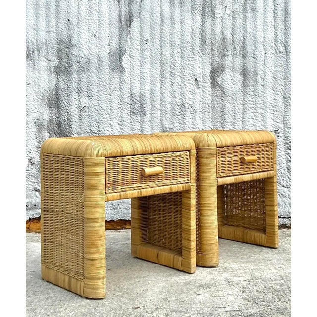 Late 20th Century Vintage Coastal Woven Rattan Nightstands - a Pair For Sale - Image 5 of 16