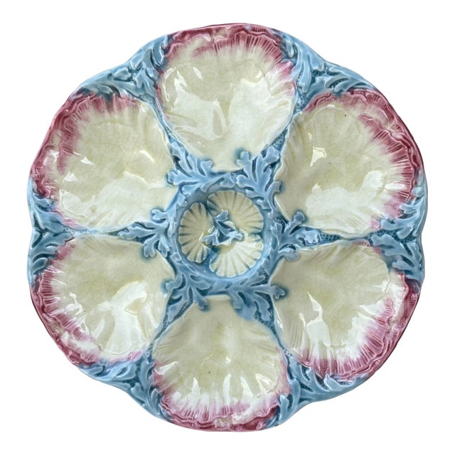 19th Century Majolica Pink and Blue Oyster Plate Gien For Sale