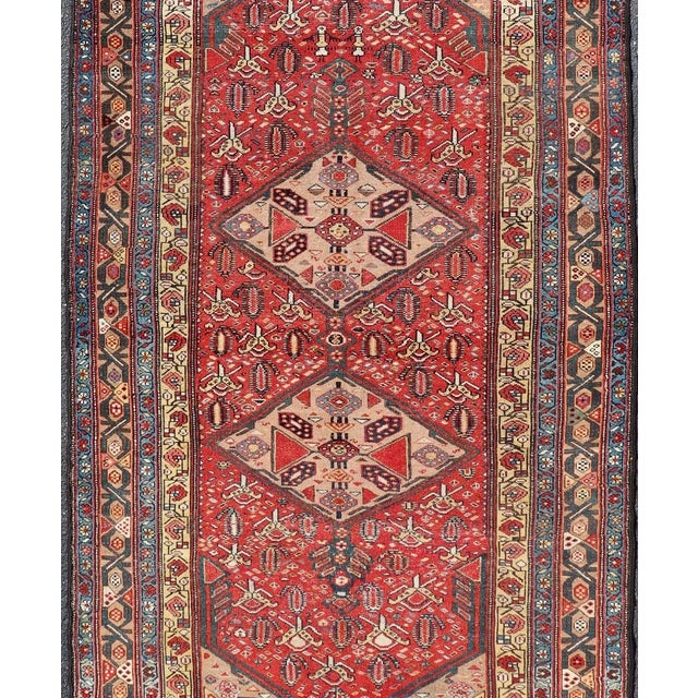 Tribal Antique Persian Malayer Rug With Geometric Medallions in Red and Blue 4'10 X 9'0 For Sale - Image 3 of 13