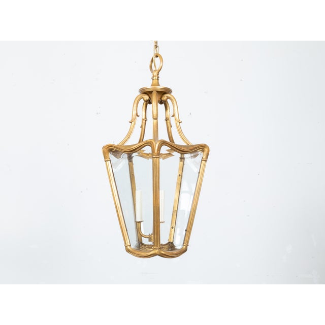 Metal Art Nouveau Style Gilt Metal Three-Light Lantern with Subtle Scrolling Effects For Sale - Image 7 of 12