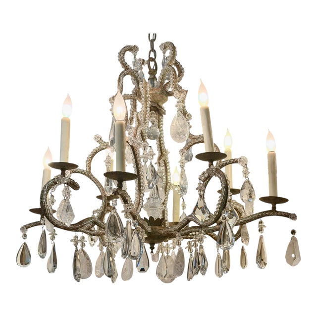 Dennis & Leen Rock Crystal & Beaded Wrought Iron Chateau Chandelier For Sale
