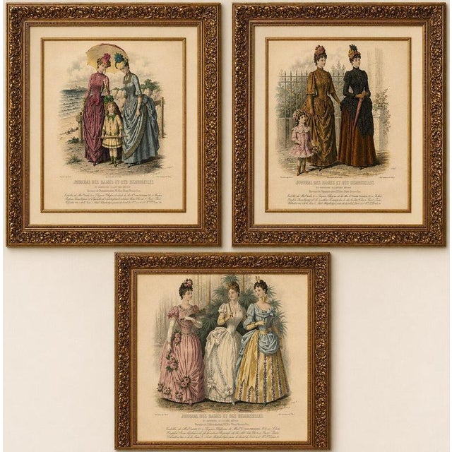 Set of 3 Antique French Fashion Plates, Paris Ladies, Lace & Velvet, c.1880 A refined and visually striking set of three...