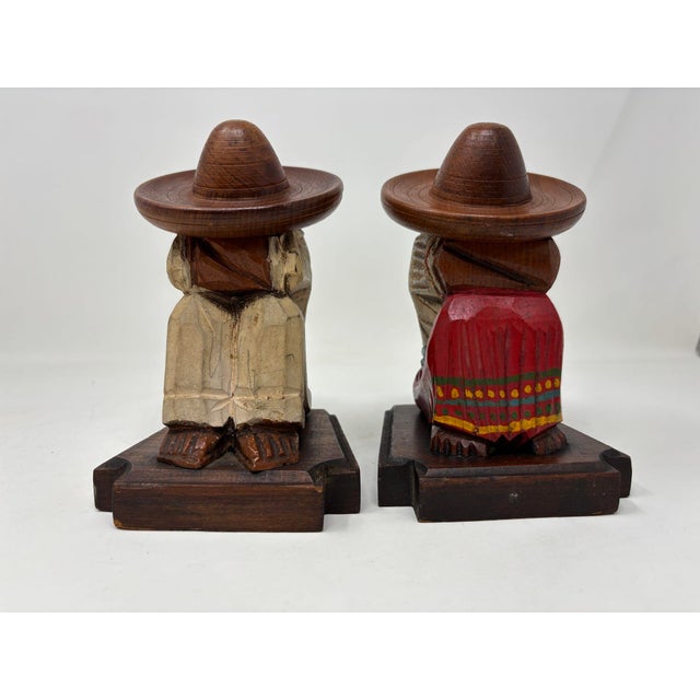 American Vintage Mexican Carved Wood Sculpture Polychrome Bookends Siesta Folk Art 1950s For Sale - Image 3 of 11