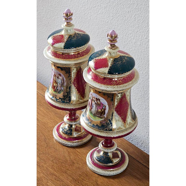 Late 19th Century Pair of Antique Austrian Porcelain Urns, Hand-Painted Figural Scenes, Heavy Gilt, C. 1900 For Sale - Image 5 of 18