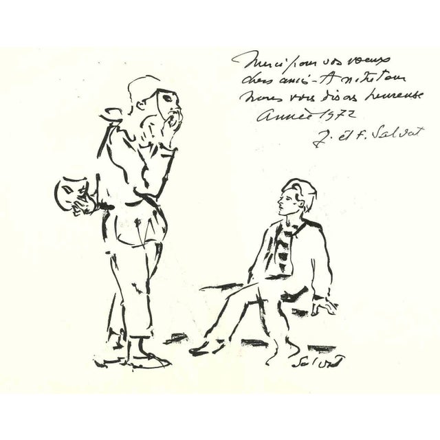 The Masks is an Original Black Marker Drawing realized by François Salvat in 1972. Hand-signed and dated. Good conditions...