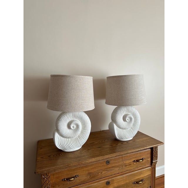 Vintage Spiral Shell Table Lamps With Linen Drum Shades - A Pair For Sale - Image 17 of 18